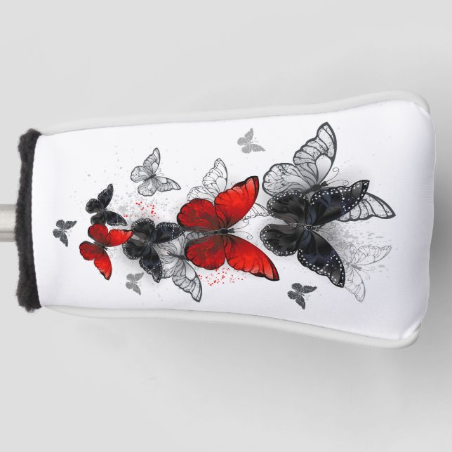 Funda Para Palo De Golf Mariposas Morpho voladoras negras y rojas (Anverso)