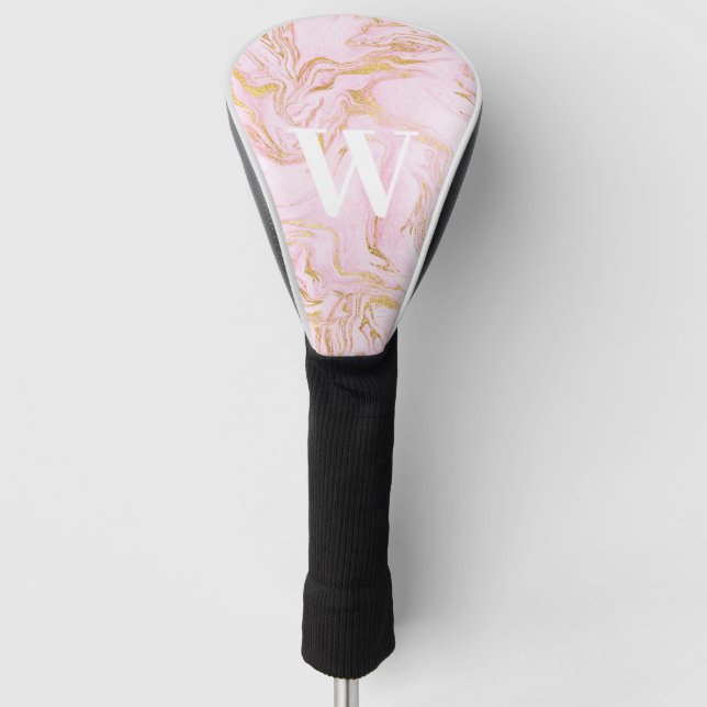 Funda Para Palo De Golf Mármol Purpurina de oro rosado monograma (Anverso)