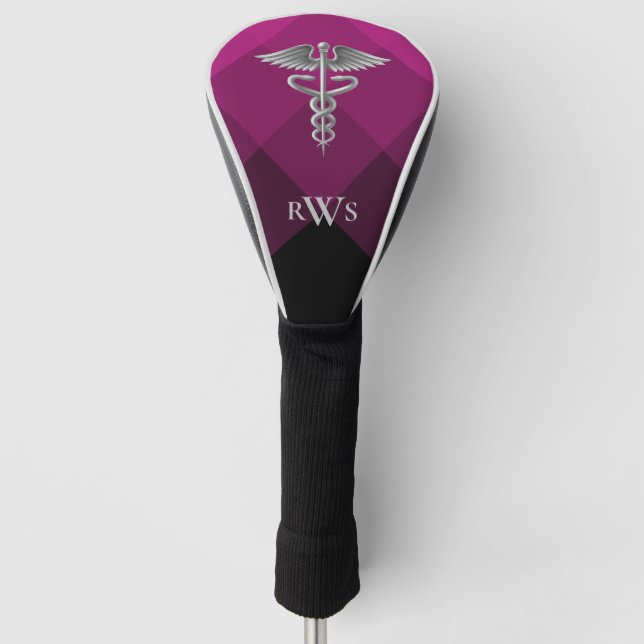 Funda Para Palo De Golf Médica Caduceus Monograma médico Rosa Negro (Anverso)