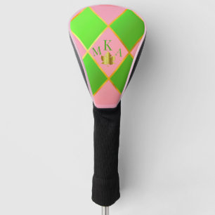 Funda Para Palo De Golf Moda Monogramada Rosa y Verde Argyle