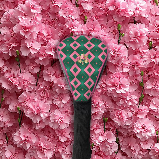 Funda Para Palo De Golf Moda Monogramado Motif de Diamante Rosa y Verde (StylishPinkandGreenDiamondMotifGolfClubCover)