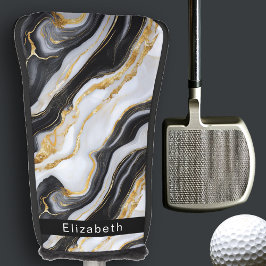 Funda Para Palo De Golf Modern Black White Gold Marble Personalized