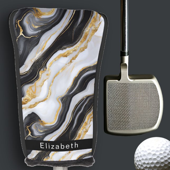 Funda Para Palo De Golf Modern Black White Gold Marble Personalized (Subido por el creador)