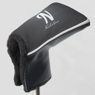 Funda Para Palo De Golf Monograma blanco de textura moderna de cuero negro