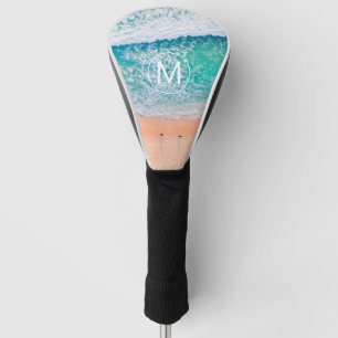 Funda Para Palo De Golf Monograma blanco DIY en círculo, olas de playa