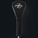 Funda Para Palo De Golf Monograma blanco gris negro personalizado<br><div class="desc">Esta cubierta personalizada del controlador presenta un monograma gris claro y un nombre de guión retro blanco sobre un fondo negro.</div>