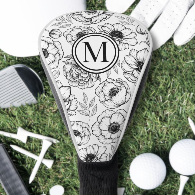 Funda Para Palo De Golf Monograma Blanco Negro (Black White Floral Monogram Golf Head Cover)
