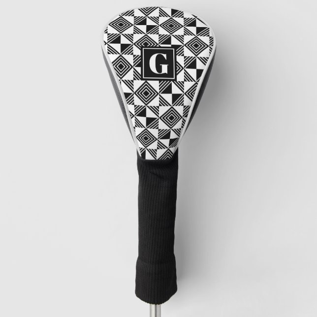 Funda Para Palo De Golf Monograma blanco negro triangular cuadrado (Anverso)
