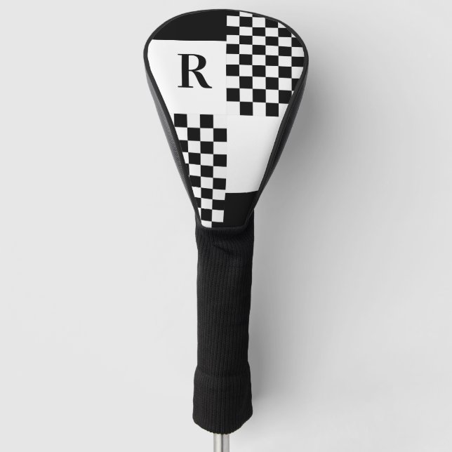 Funda Para Palo De Golf Monograma Comprobación moderna en blanco y negro (Anverso)