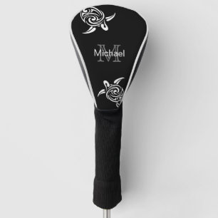 Funda Para Palo De Golf Monograma costero de fondo negro de tortuga blanca