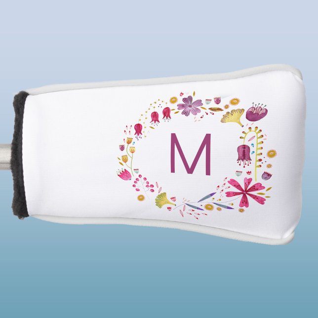 Funda Para Palo De Golf Monograma de acuarela moderna de flor salvaje (Modern monogram initial personalized watercolor wildflower floral golf putter head cover)