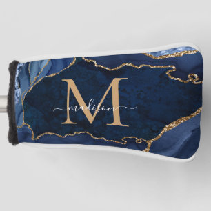 Funda Para Palo De Golf Monograma de Agate Geode Purpurina de Oro Azul de