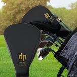 Funda Para Palo De Golf Monograma de aspecto de cuero negro y nombre perso<br><div class="desc">Cubierta personalizada del cabezal del controlador de golf. Las iniciales están escritas en una tipografía moderna de gran tamaño y también puedes añadir tu nombre o el nombre de tu club de golf. El diseño está impreso con un fondo de cuero texturado en negro.</div>