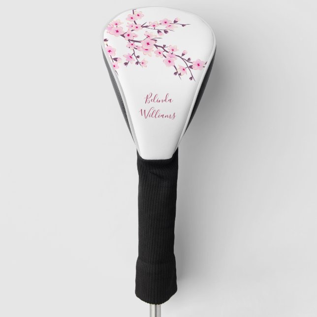 Funda Para Palo De Golf Monograma de cerezo blanco rosado (Anverso)