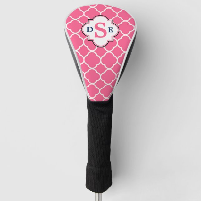 Funda Para Palo De Golf Monograma de cuatrefolios blancos rosados (Anverso)
