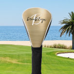 Funda Para Palo De Golf Monograma de escritura blanca Metalizado cepillado<br><div class="desc">Esta elegante cubierta personalizada para la cabeza de golf incluye un monograma y un nombre en un guión moderno en blanco y negro sobre un fondo metalizado dorado brillante.</div>