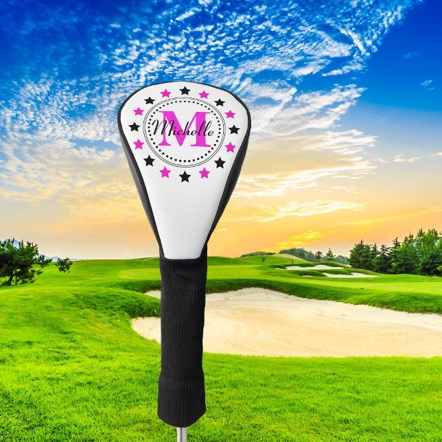 Funda Para Palo De Golf Monograma de estrellas negras rosadas (Subido por el creador)