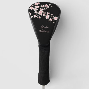 Funda Para Palo De Golf Monograma de floración de cerezo negro rosa Rubor