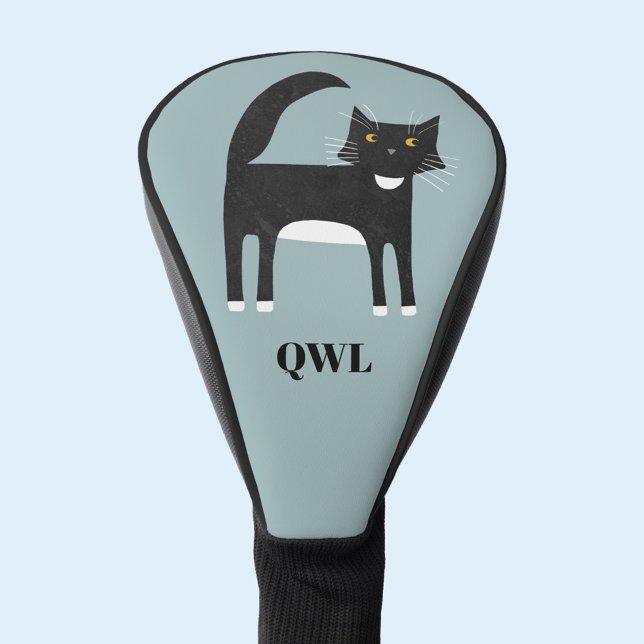 Funda Para Palo De Golf Monograma de gato negro y blanco (Black and white Tuxedo cat monogram initial personalized golf head cover)