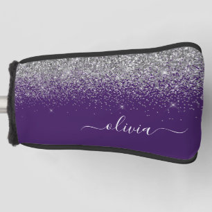 Funda Para Palo De Golf Monograma de Girly Glam Purpurina de Plata Púrpura