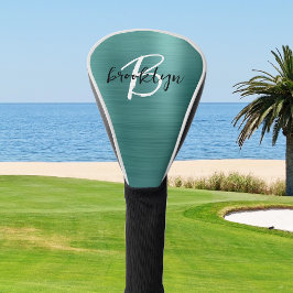 Funda Para Palo De Golf Monograma de guión blanco negro de metal cepillado