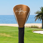 Funda Para Palo De Golf Monograma de guión Metalizado cepillado por Naranj<br><div class="desc">Esta elegante cubierta personalizada para la cabeza de golf incluye un monograma y un nombre en un guión moderno en blanco y beige sobre un fondo metalizado de moda quemado por el naranja.</div>