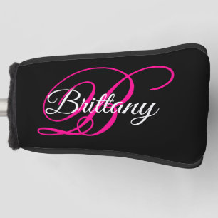 Funda Para Palo De Golf Monograma de letra script elegante en negro, blanc