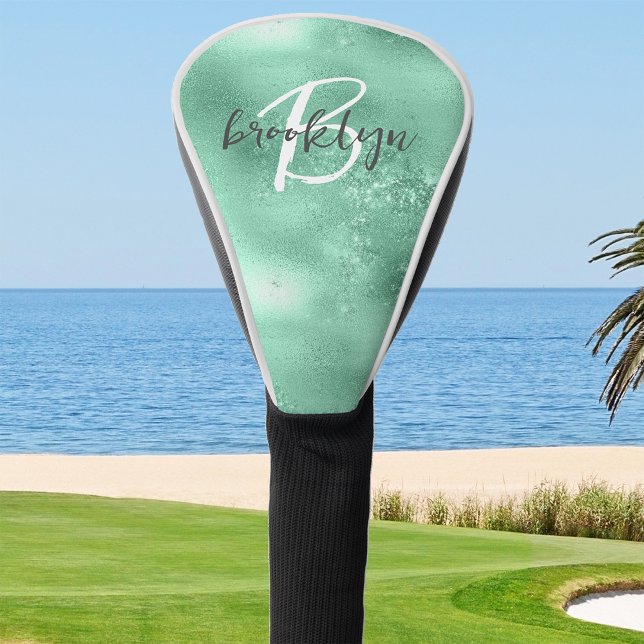 Funda Para Palo De Golf Monograma de letra script Glam Mint Verde (Subido por el creador)