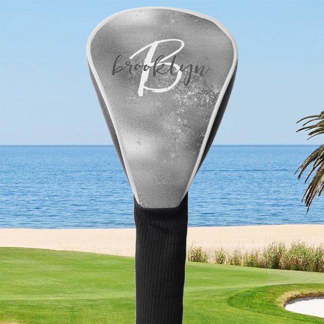 Funda Para Palo De Golf Monograma de letra script Glam Silver de moda (Subido por el creador)