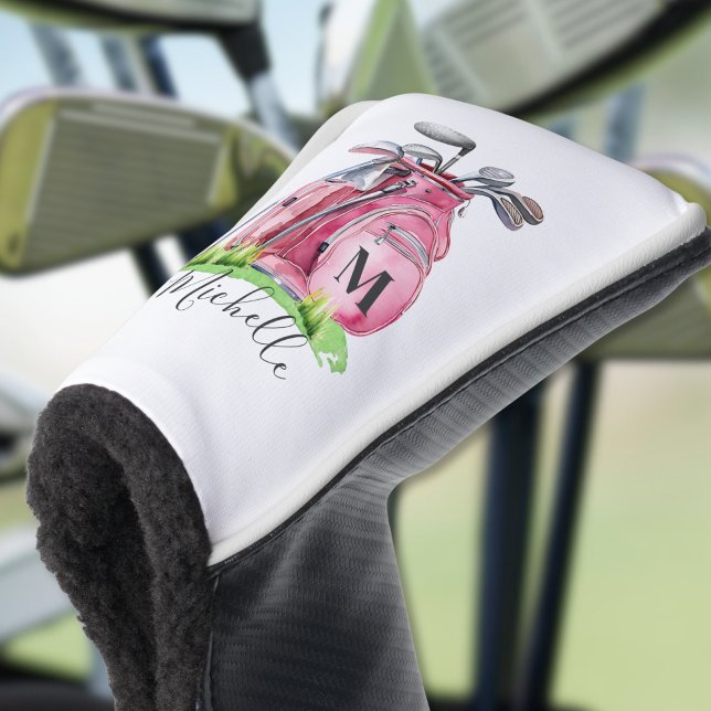 Funda Para Palo De Golf Monograma de letra script moderno rosa (Pink Monogram Golf Head Cover)