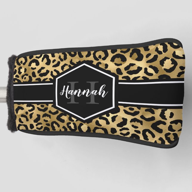 Funda Para Palo De Golf Monograma de lugares de leopardo negro dorado (Anverso)