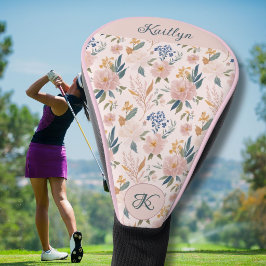 Funda Para Palo De Golf Monograma de nombre floral rosa elegante