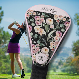 Funda Para Palo De Golf Monograma de nombre floral rosa elegante