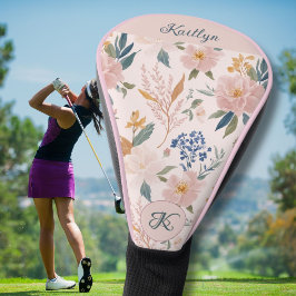 Funda Para Palo De Golf Monograma de nombre floral rosa elegante