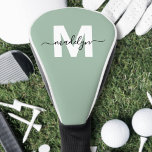 Funda Para Palo De Golf Monograma de nombre inicial verde sage de personal<br><div class="desc">Personalizado Crea Tu Propia Tapa Personalizada De Cabeza De Golf Monograma. Añada un toque elegante y personal a su equipo de golf con esta moda y un diseño elegante. Esta versión presenta un fondo verde sabio suave con un inicial blanco negrita y un nombre de caligrafía de guión negro, creando...</div>