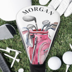 Funda Para Palo De Golf Monograma de nombre personalizado rosa