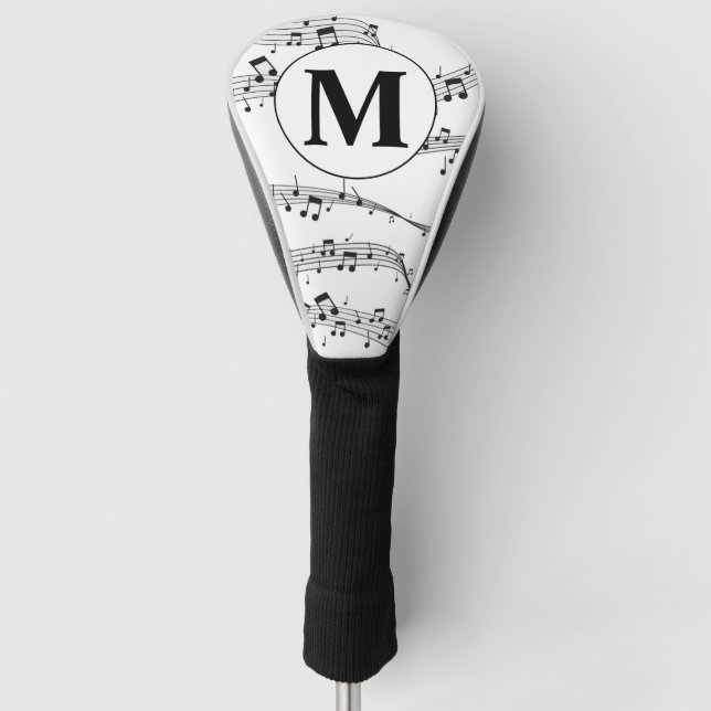 Funda Para Palo De Golf Monograma de notas de música en blanco y negro (Anverso)