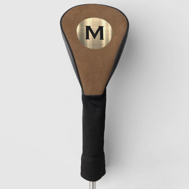 Funda Para Palo De Golf Monograma de oro cepillado de cuero marrón moderno (Anverso)