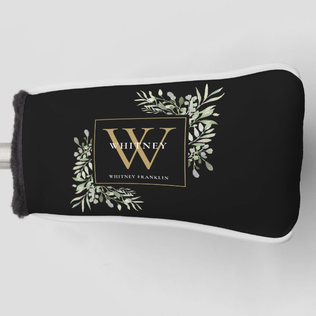 Funda Para Palo De Golf Monograma de oro Elegante verde moderno negro (Anverso)