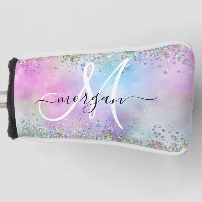 Funda Para Palo De Golf Monograma de pasteles arcoiris Purpurina holográfi (Anverso)