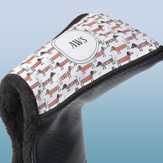 Funda Para Palo De Golf Monograma de perros Dachshund Sausage (Monogram Dachshund sausage dog pattern golf putter cover)