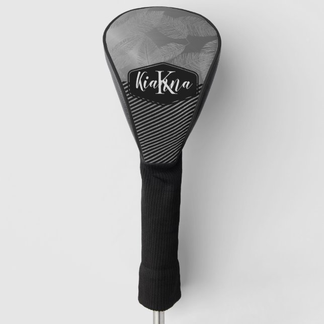 Funda Para Palo De Golf Monograma de plumas de moda con rayas plateadas (Anverso)