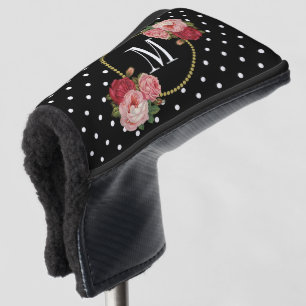 Funda Para Palo De Golf Monograma de puntos de Polka Floral Vintage negro 