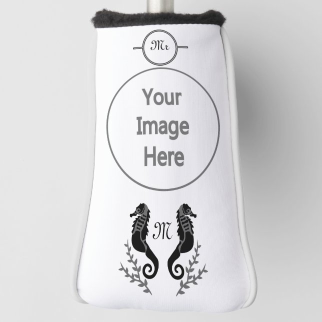 Funda Para Palo De Golf Monograma de silueta de caballito de mar negro (Girar 90)