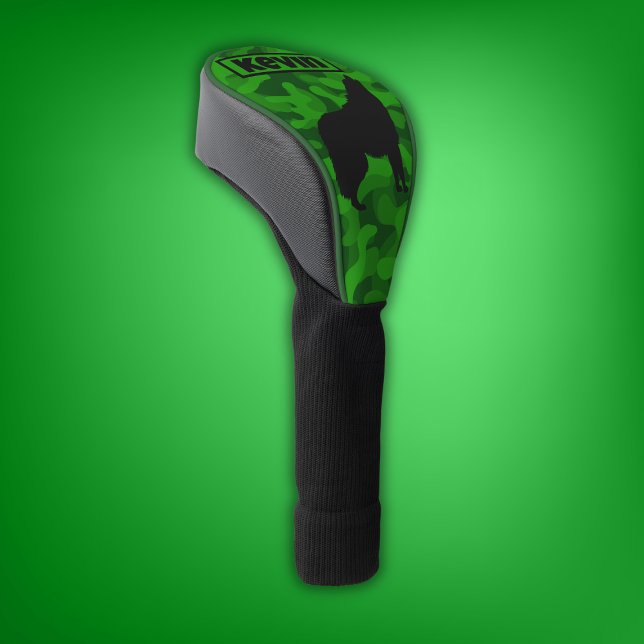 Funda Para Palo De Golf Monograma de silueta de lobo negro verde moderno | (Subido por el creador)