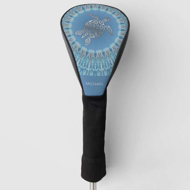 Funda Para Palo De Golf Monograma De Tortuga Azul Y Mandala Plateado (Anverso)
