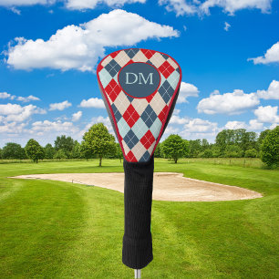 Funda Para Palo De Golf Monograma del patrón de argyle azul rojo
