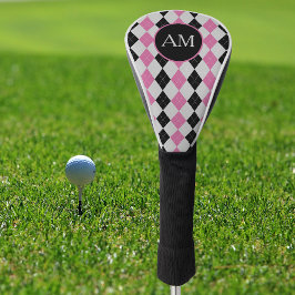 Funda Para Palo De Golf Monograma del patrón de argyle negro rosado