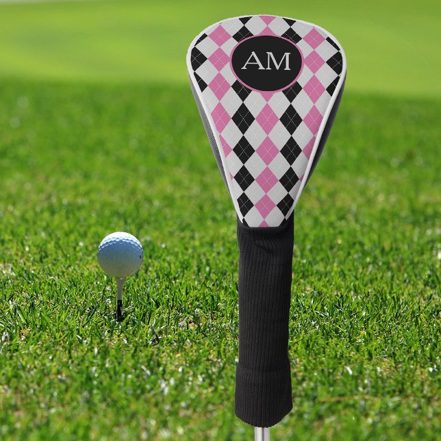 Funda Para Palo De Golf Monograma del patrón de argyle negro rosado (Subido por el creador)
