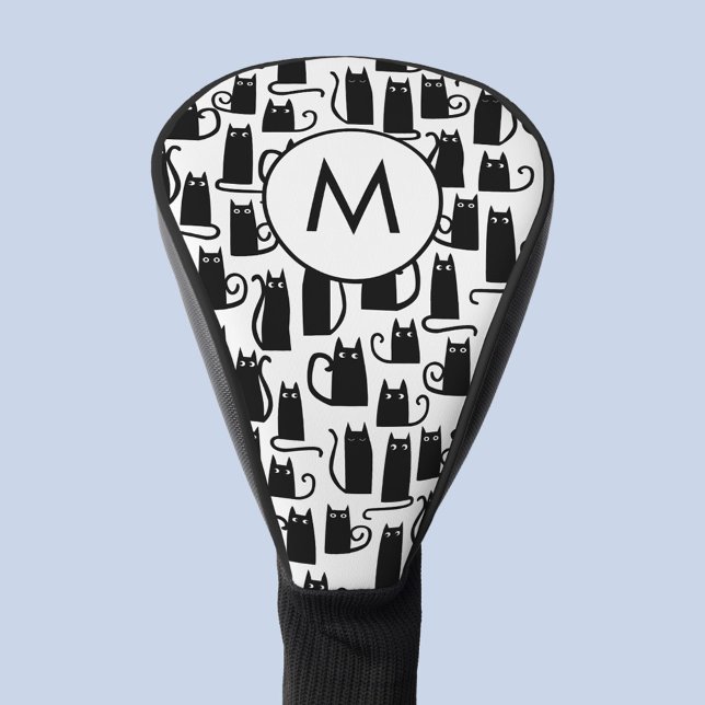 Funda Para Palo De Golf Monograma del patrón de gato negro (Fun black cat black and white monogram initial personalized golf head cover)